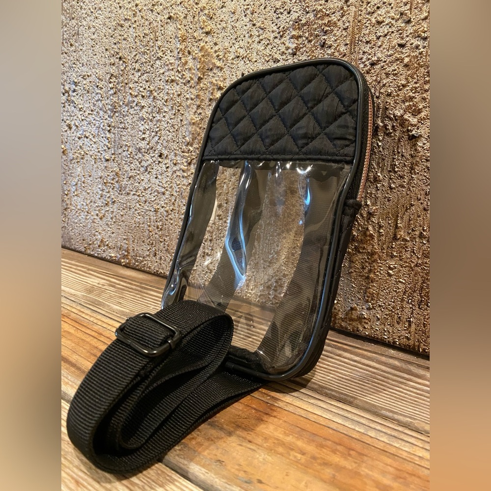 Clear & Black Quilted Crossbody Bag With Rose Gold Tone Zipper (4.25” X 7.5”) - Picture 4 of 16